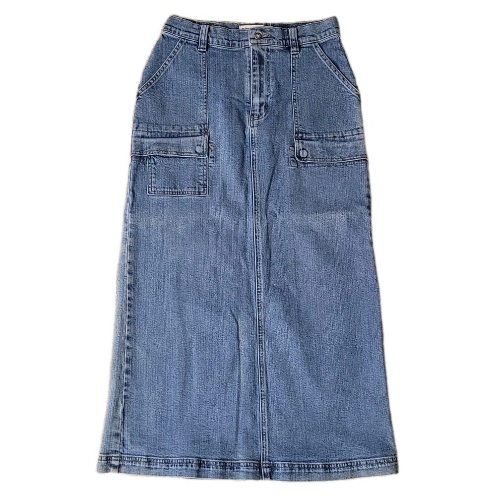 Eddie Bauer Denim Maxi Pencil Cargo Skirt Womens 4P Blue Western Boho Cowgirl